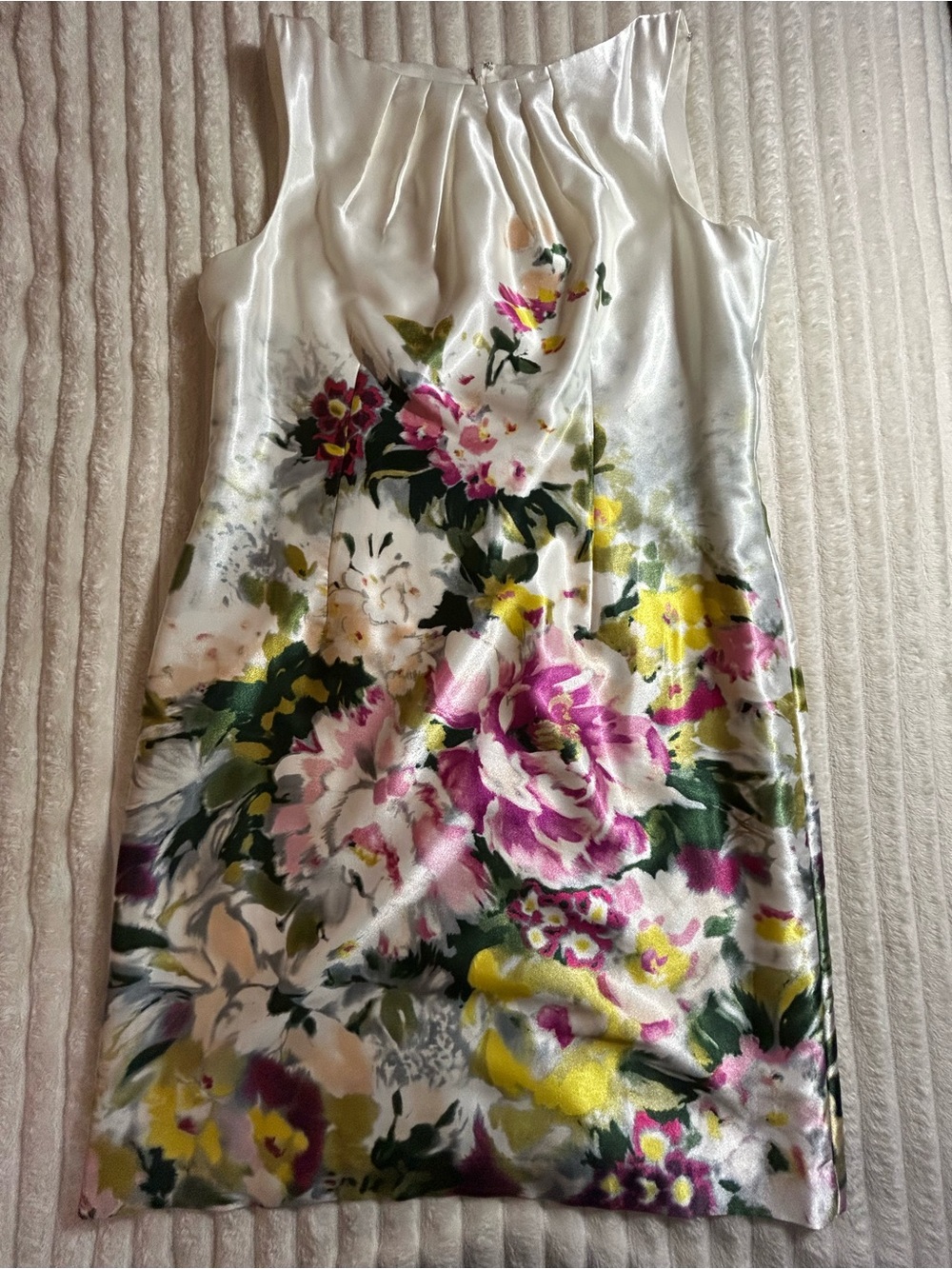 NWT Floral Satin Sheath Dress in White with Pink & Yellow Blooms